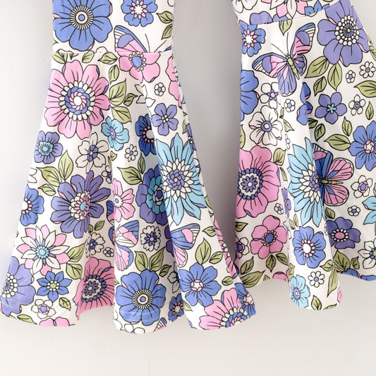 Girls Fall Purple Velvet Top & Floral Bell-Bottom Set