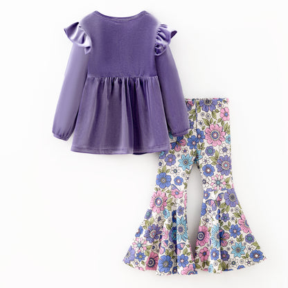 Girls Fall Purple Velvet Top & Floral Bell-Bottom Set