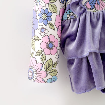 Baby Girls Fall Purple Velvet Top & Floral Bell-Bottom Romper Set