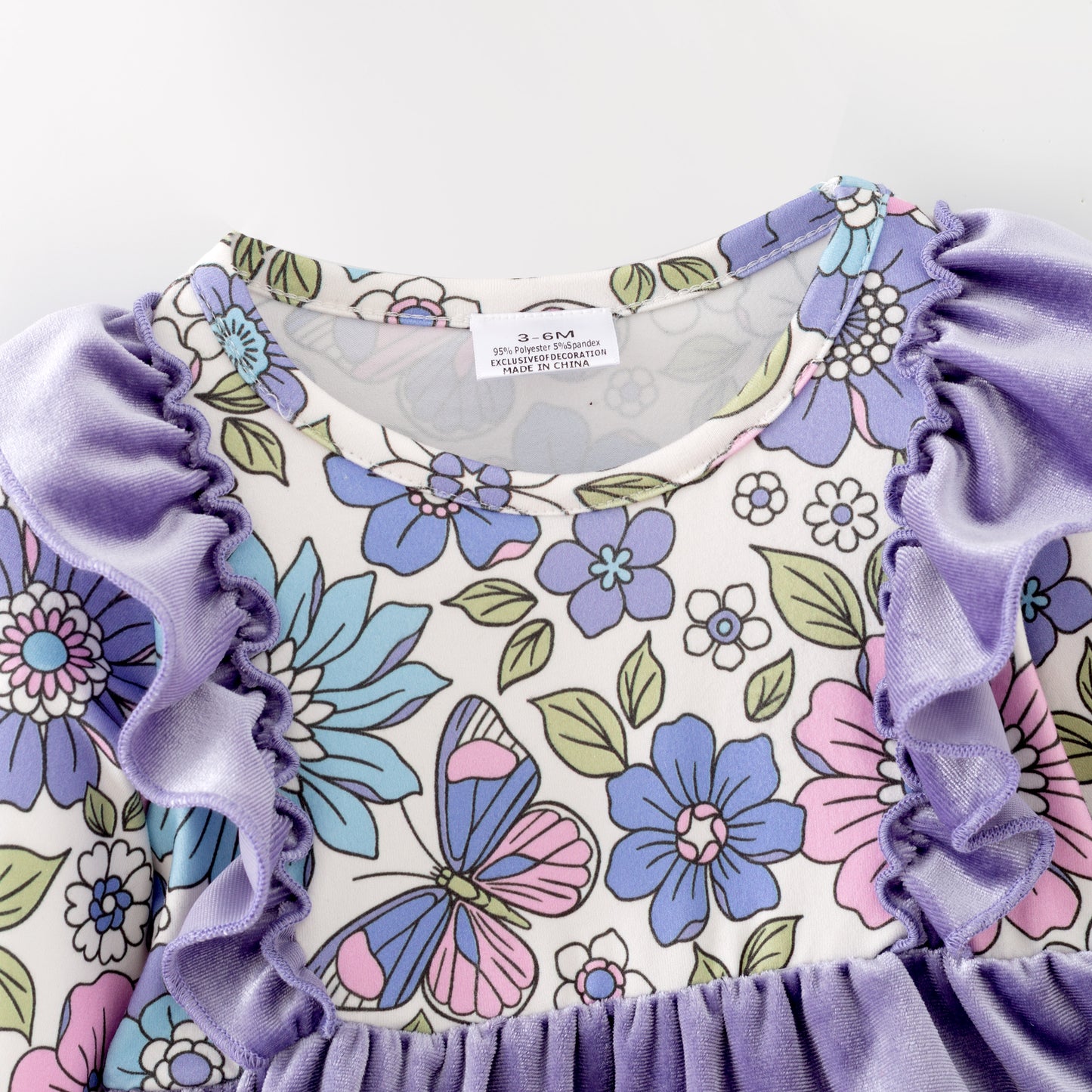Baby Girls Fall Purple Velvet Top & Floral Bell-Bottom Romper Set