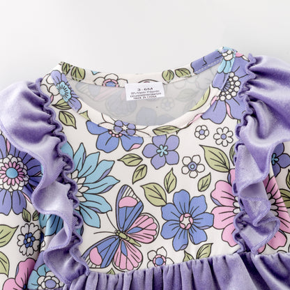 Baby Girls Fall Purple Velvet Top & Floral Bell-Bottom Romper Set