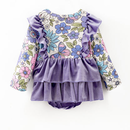 Baby Girls Fall Purple Velvet Top & Floral Bell-Bottom Romper Set