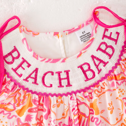Girls Summer "BEACH BABE"Smocked Embroidered Dress