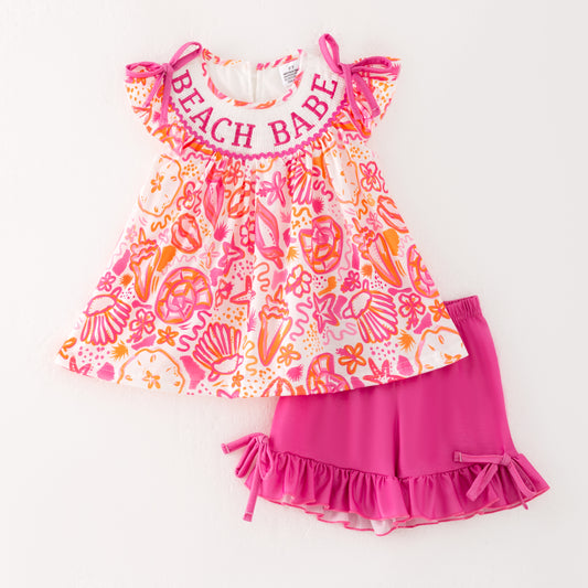 Girls Summer "BEACH BABE"Smocked Embroidered Short Set