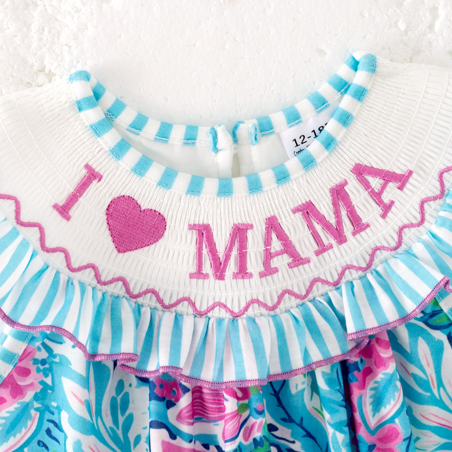 Baby Girls "I LOVE MAMA"Smocked Blue Floral Bubbles Romper