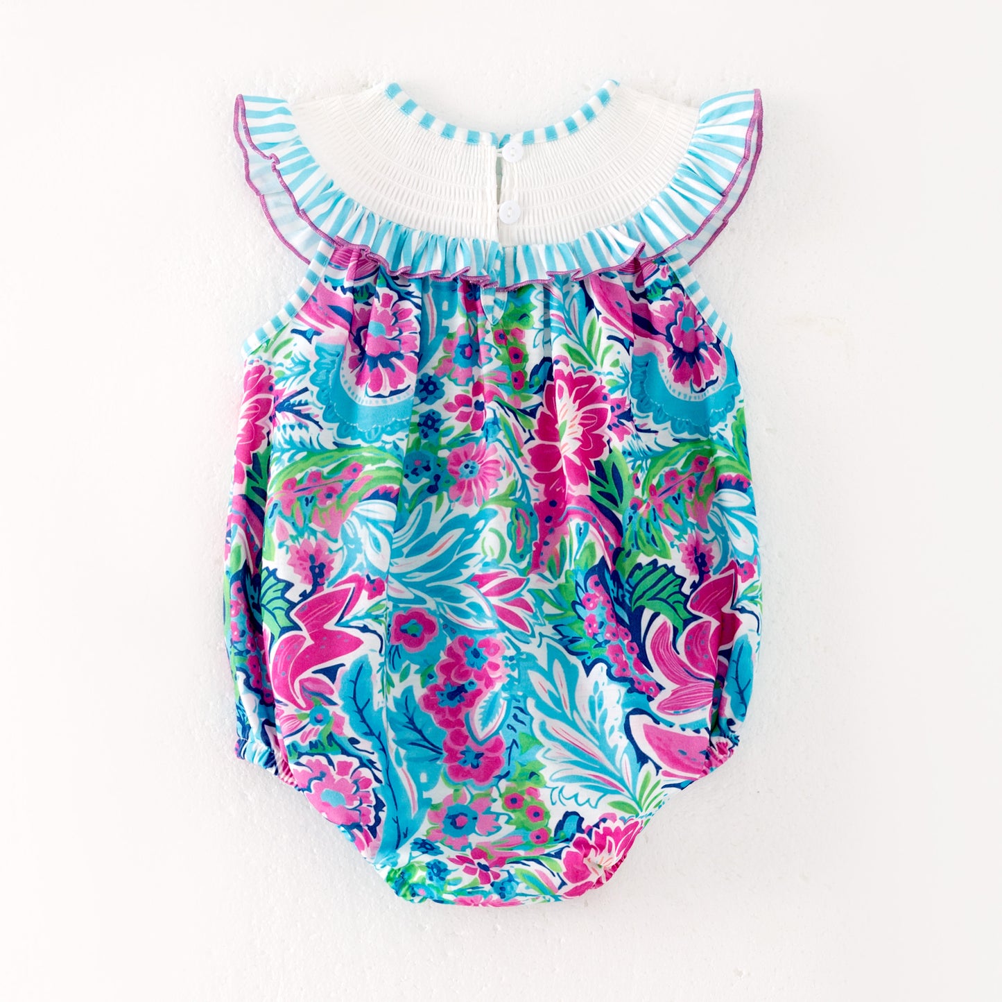 Baby Girls "I LOVE MAMA"Smocked Blue Floral Bubbles Romper