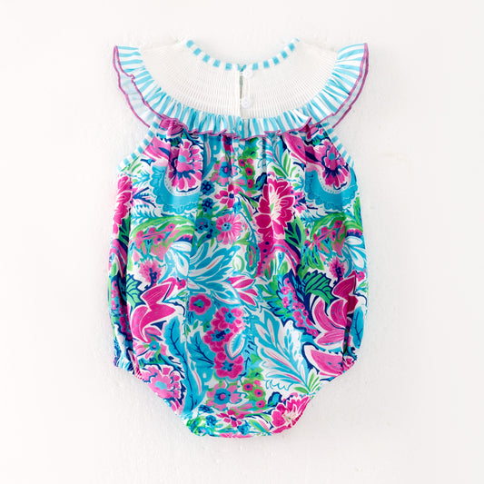 Baby Girls "I LOVE MAMA"Smocked Blue Floral Bubbles Romper