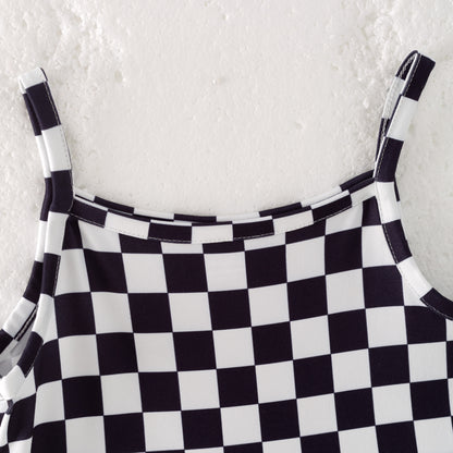 Girls Summer Black White Plaid Slip Dress