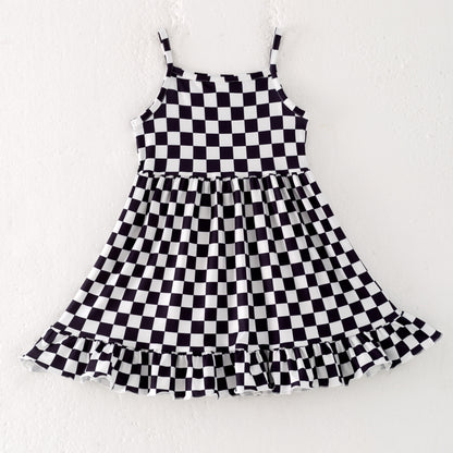 Girls Summer Black White Plaid Slip Dress