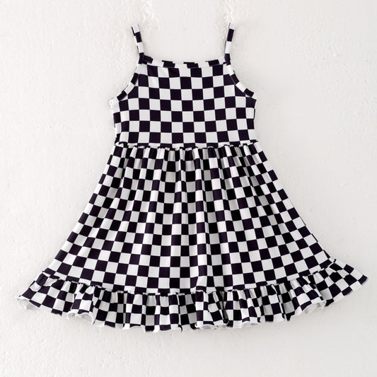 Girls Summer Black White Plaid Slip Dress