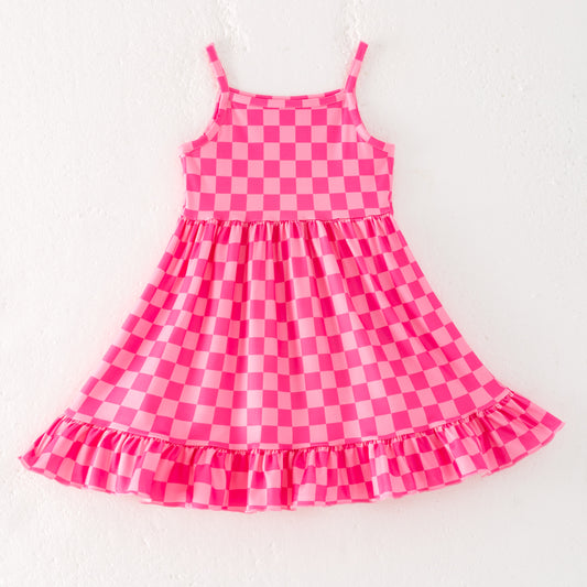 Girls Summer Hot Pink Plaid Slip Dress
