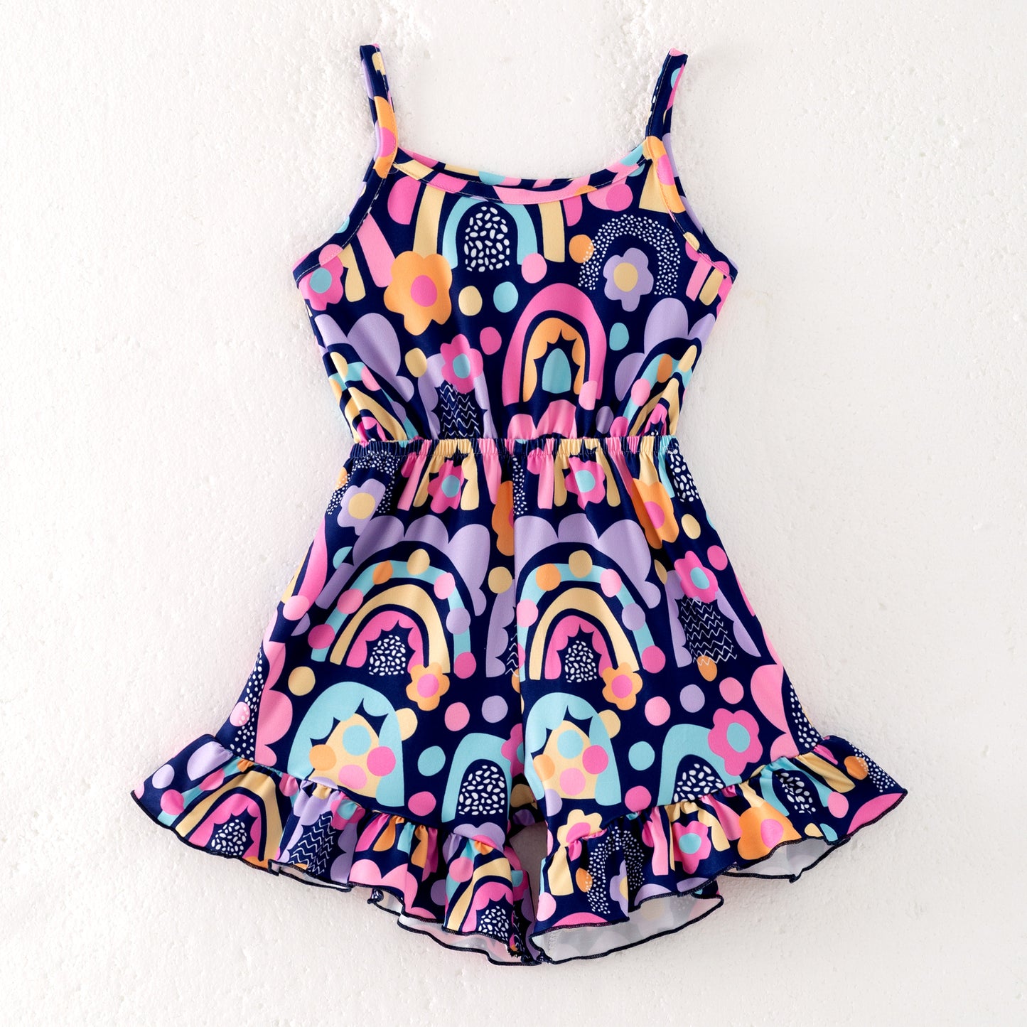 Girls Summer Rainbow Flower Print Jumpsuit
