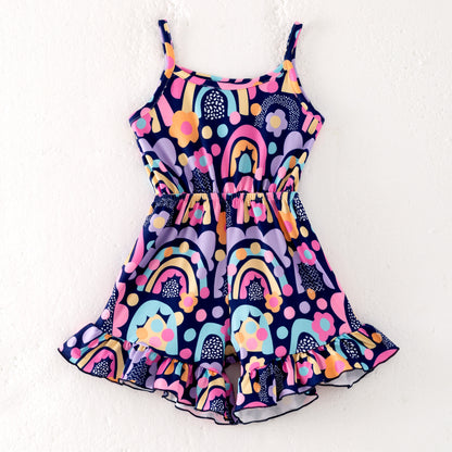 Girls Summer Rainbow Flower Print Jumpsuit