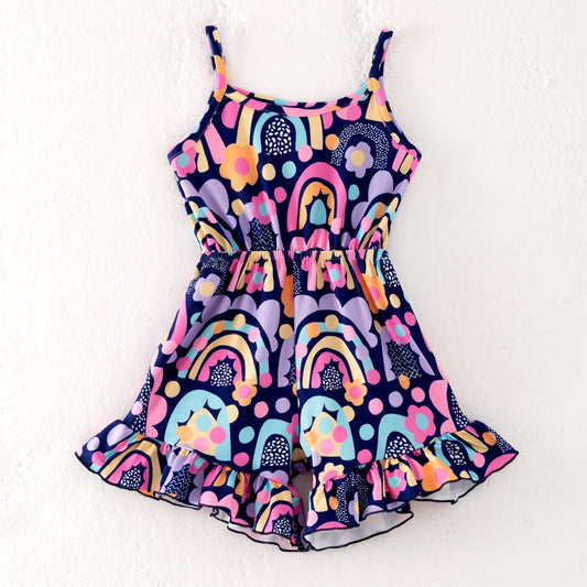 Girls Summer Rainbow Flower Print Jumpsuit