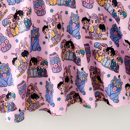 Girls Kpop Demon Hunter Pink Milk Silk Dress & Skirt Set