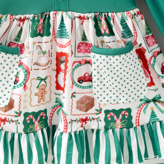 Girls 2025 Christmas Pocket Green Stripes Pant Set