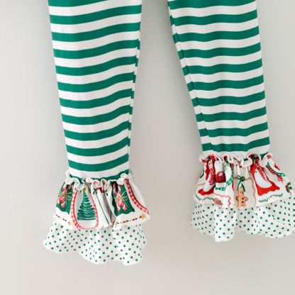 Girls 2025 Christmas Pocket Green Stripes Pant Set