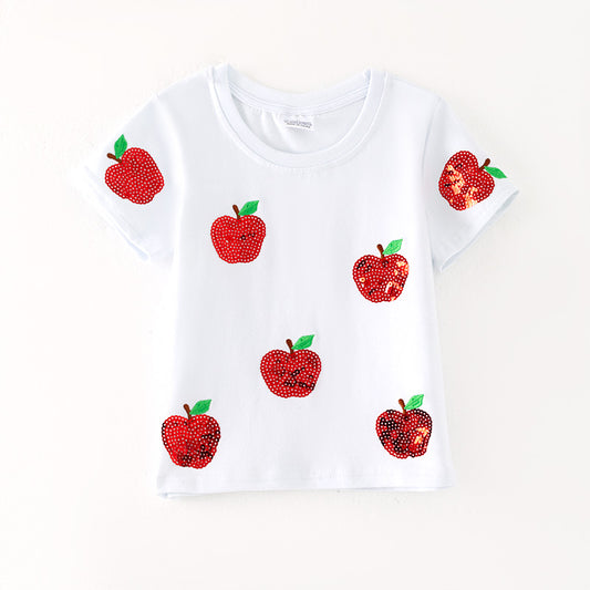 Girls Summer Sequins Apple Back To School White Cotton Top
