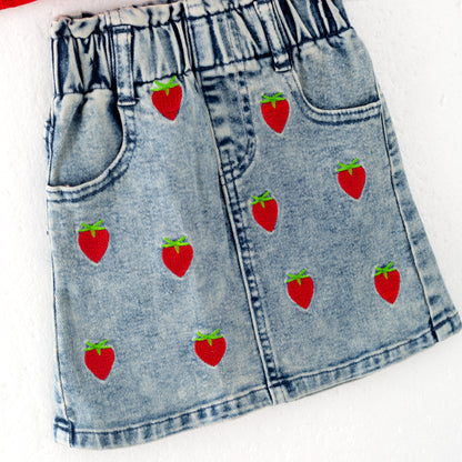 Girls Summer Red Top Strawberry Embroidered Denim Short Set