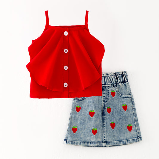 Girls Summer Red Top Strawberry Embroidered Denim Short Set