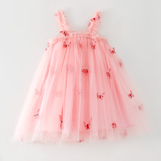 Girls Summer Party Pink Red Butterfly Tulle Dress
