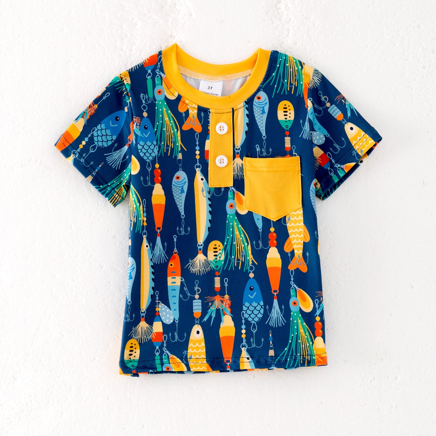 Boy Summer Fish Print Blue Pocket Short Sleeves T-shirt