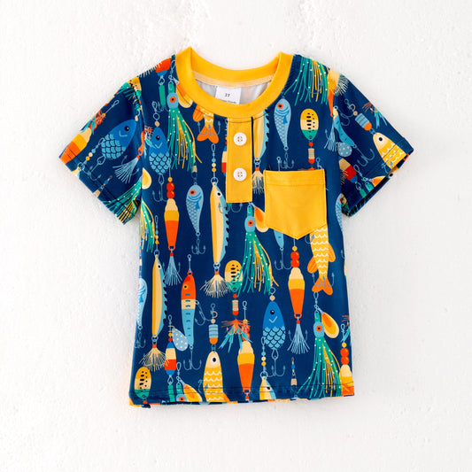 Boy Summer Fish Print Blue Pocket Short Sleeves T-shirt