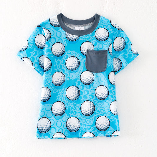 Boy Summer Golf Print Blue Pocket Short Sleeves T-shirt