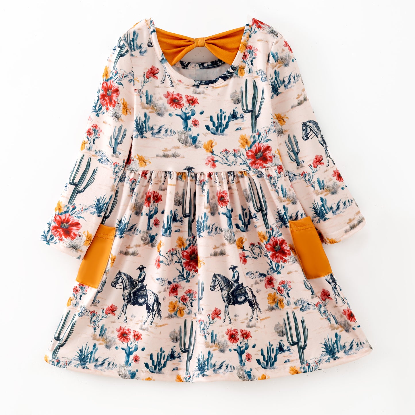 Girls 2025 Fall Floral Farm Print Long Sleeves Dress