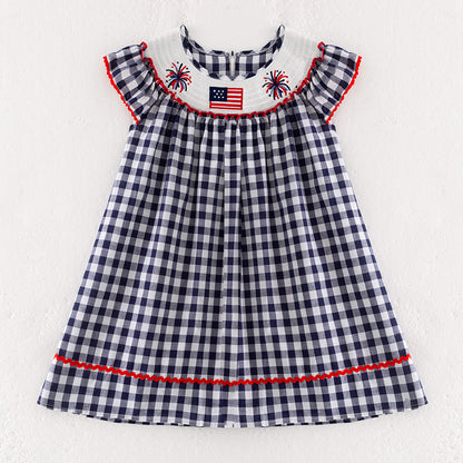 Girls July 4th Plaid Flag Smocked Embroidered Dress
