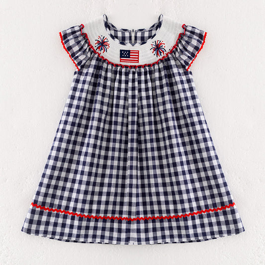 Girls July 4th Plaid Flag Smocked Embroidered Dress
