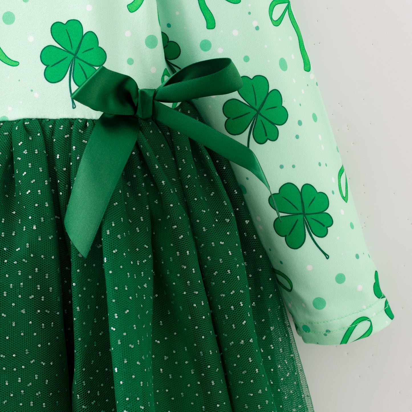 Girls 2026 St.Patrick's Day Green Bow Clover Tulle Dress