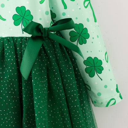 Girls 2026 St.Patrick's Day Green Bow Clover Tulle Dress