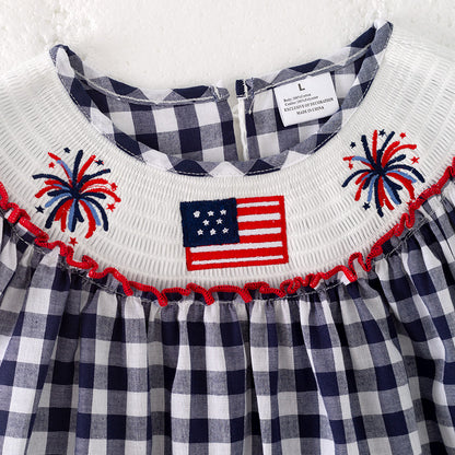 Girls July 4th Plaid Flag Smocked Embroidered Dress