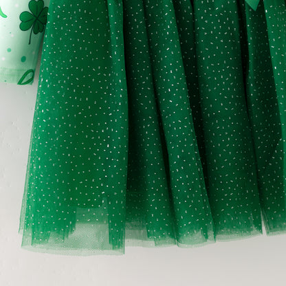 Girls 2026 St.Patrick's Day Green Bow Clover Tulle Dress