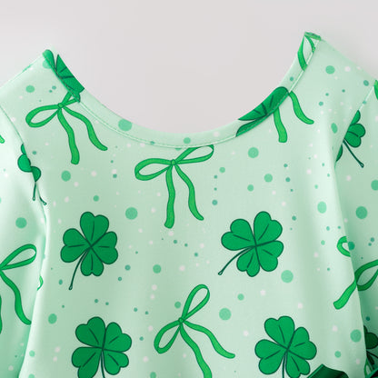 Girls 2026 St.Patrick's Day Green Bow Clover Tulle Dress