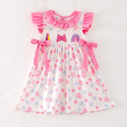 Girls Summer Back To School Pencil Rainbow Smocked Dress
