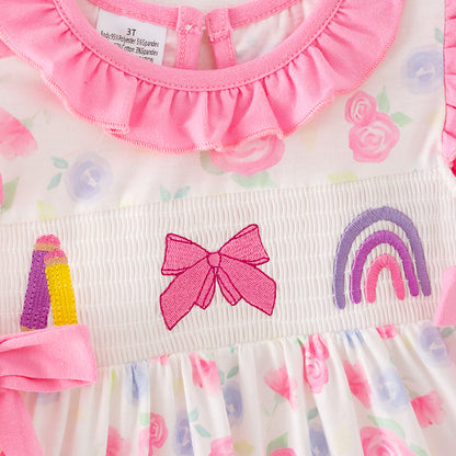 Girls Summer Back To School Pencil Rainbow Smocked Dress