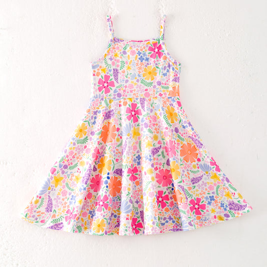 Girls Summer Colorful Flower Print Soft Fashion Dress