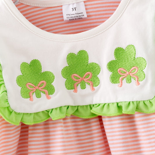 Girls 2026 St.Patrick's Day Pink Bow Clover Embroidery Pant Set
