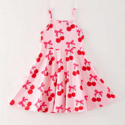 Girls Summer Red Cherry Stripes Print Soft Fashion Dress
