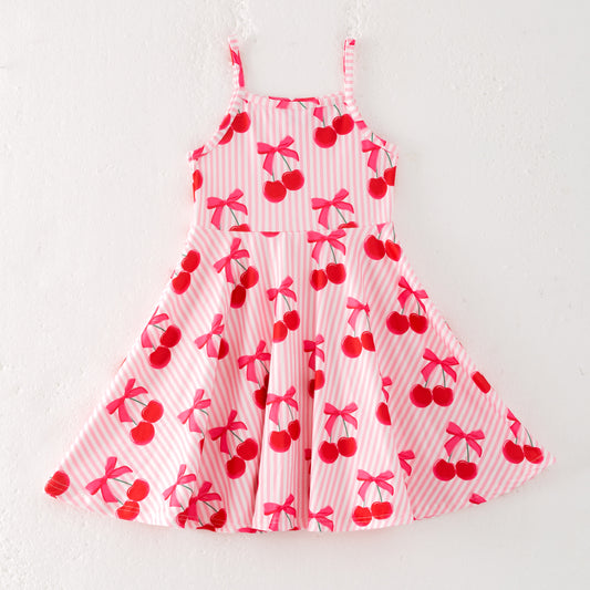 Girls Summer Red Cherry Stripes Print Soft Fashion Dress