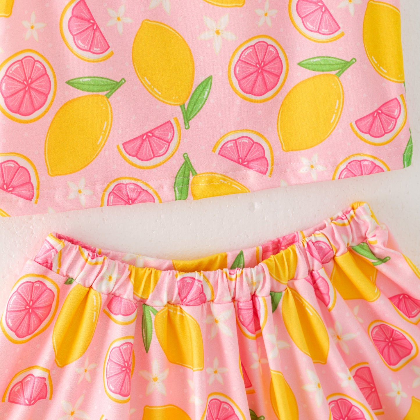Girls Summer Yellow Lemon Print Sleeveless Top Skirt Set