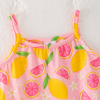 Girls Summer Yellow Lemon Print Sleeveless Top Skirt Set
