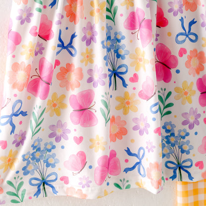 Girls Summer Yellow Plaid Floral Print Short Set