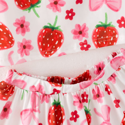 Girls Summer Strawberry Print Sleeveless Top Skirt Set