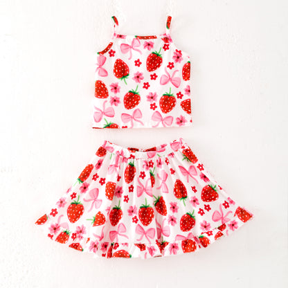 Girls Summer Strawberry Print Sleeveless Top Skirt Set