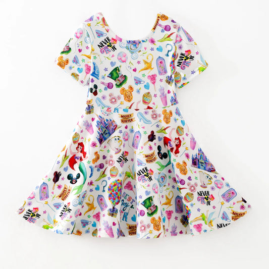 Girls Summer Fall Cartoon Cute Print Twirl Dress
