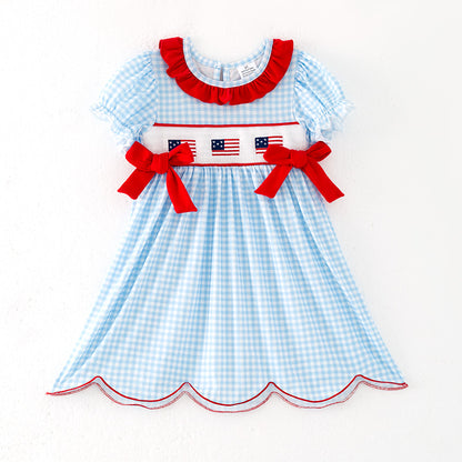 Grils July 4th Blue Plaid Flag Smocked Embroidered Dress