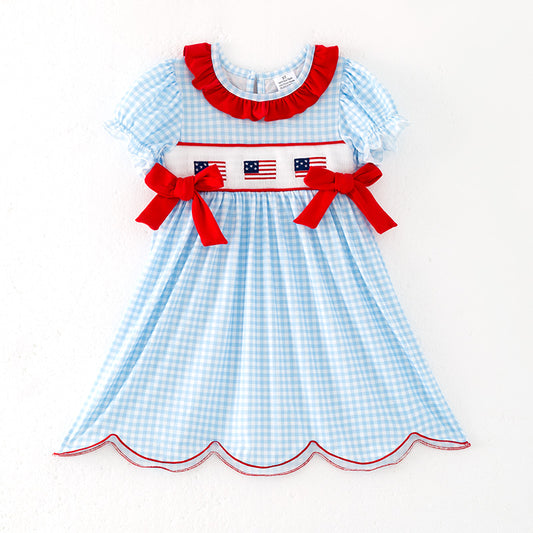 Grils July 4th Blue Plaid Flag Smocked Embroidered Dress